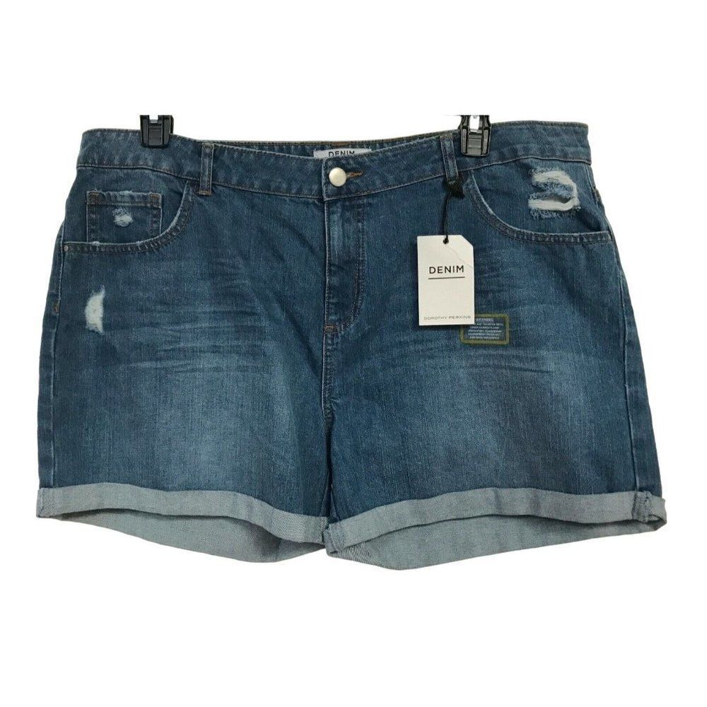Dorothy Perkins Distressed Mid Wash Denim Shorts 100% Cotton Sz 14 Eur 46 NEW